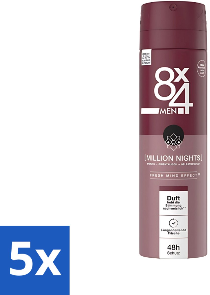 5 x 8 x 4 Deospray Men - No.18 Millions Nights - Deodorant - Voor Heren - 150 ml - Deodorant Voor Heren - Avondgeur - Langdurige Bescherming - Zweetbestendig - Verleidelijke Geur