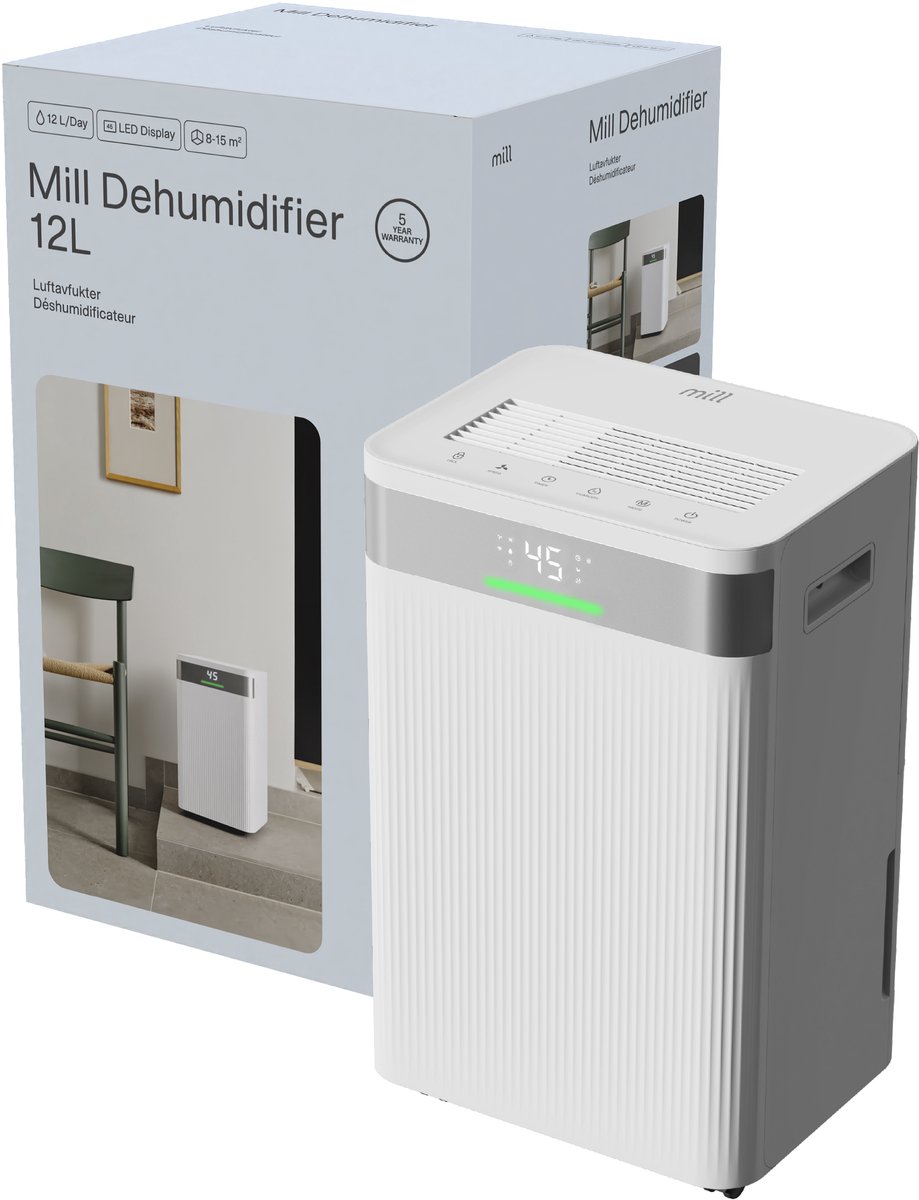 Mill MDH12 luchtontvochtiger - tot 15m2 - 12 liter per dag - timer - programma voor drogen wasgoed- 5 jaar garantie