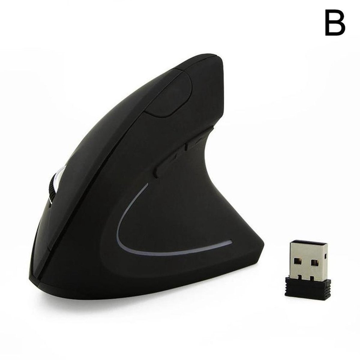 Zwarte draadloze, ergonomische verticale optische USB-muis geschikt voor laptops.