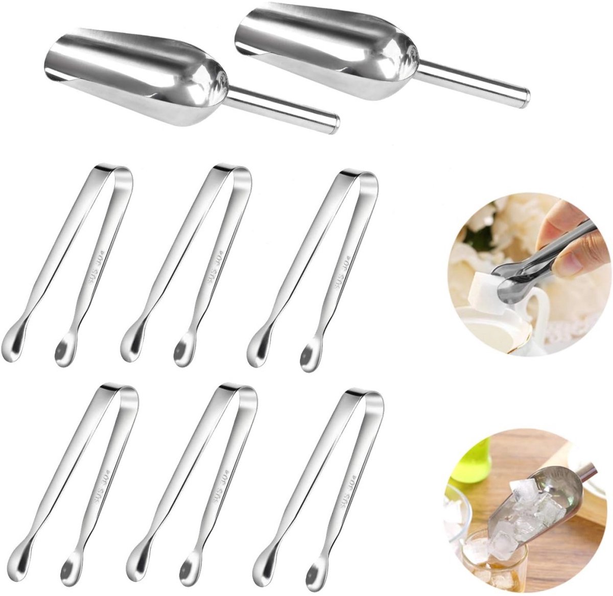 TOVBMUP 8 Stuks Suikertang Set - Candytang en Ijsschep - 6x Suikertang 11cm en 2x Ijsschep 20cm - Roestvrij Staal - Comfortabele Greep en Vaatwasmachinebestendig - Geschikt voor Feestjes Party Buffet en Bar - Duurzame Edelstalen Servies Tangen Set