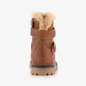Achterkant bruine biker boot met gespen en bontvoering.