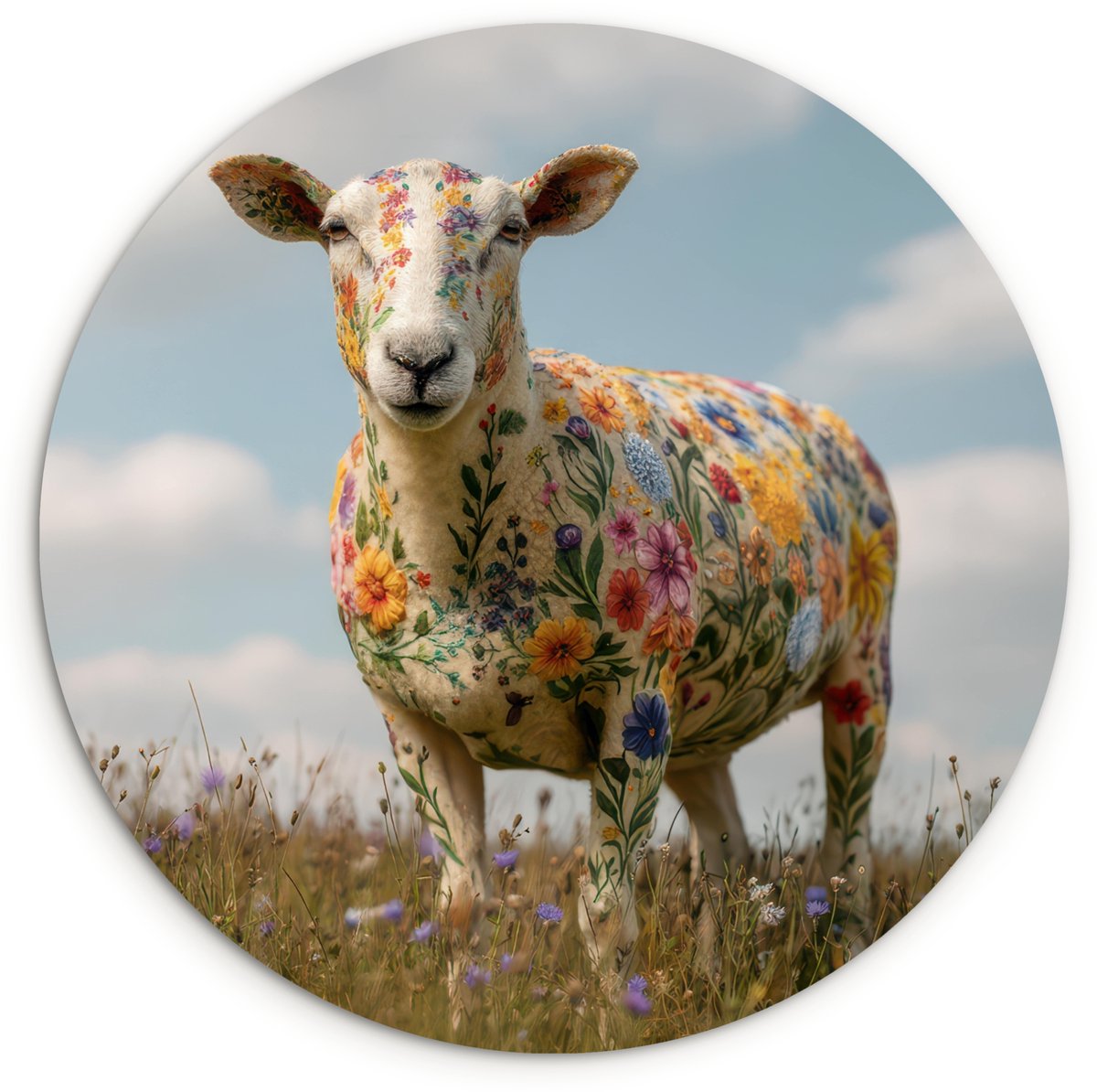 WallCircle Wandcirkel 30x30 cm - Muurcirkel Schaap - Bloemen - Weide - Muurdecoratie woonkamer - Wanddecoratie slaapkamer - Kamer decoratie accessoires - Ronde schilderijen
