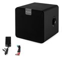 Zwarte Audizio subwoofer met netsnoer en audiokabels.