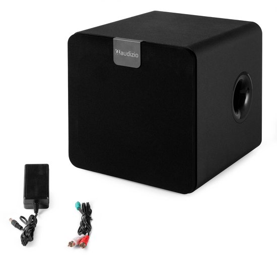 Zwarte Audizio subwoofer met netsnoer en audiokabels.