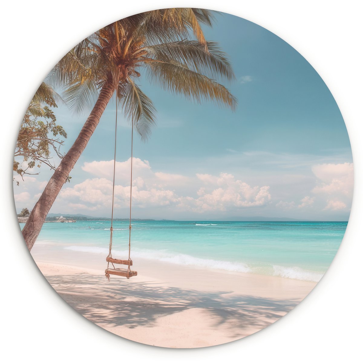 WallCircle Wandcirkel 120x120 cm - Muurcirkel Palmboom - Schommel - Strand - Lucht - Muurdecoratie woonkamer - Wanddecoratie slaapkamer - Kamer decoratie accessoires - Ronde schilderijen
