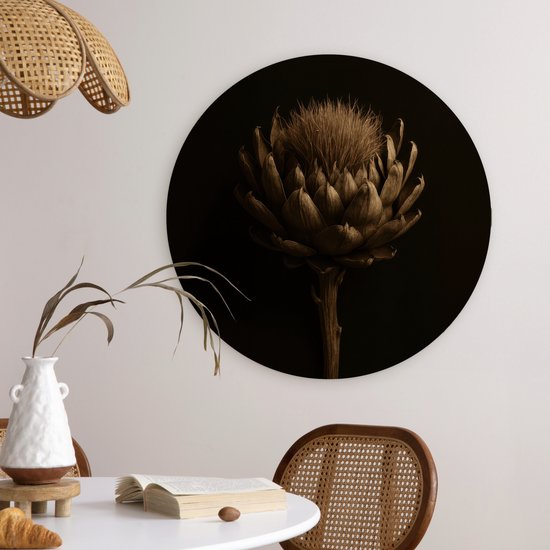 WallCircle® Wandcirkel 60x60 cm - Muurcirkel Donkerbruin - Bloem - Textuur - Artisjok - Muurdecoratie woonkamer - Wanddecoratie slaapkamer - Kamer decoratie accessoires - Ronde schilderijen