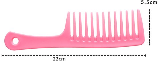 Roze plastic kam met extra brede tanden, 22 cm lang en 5,5 cm hoog.