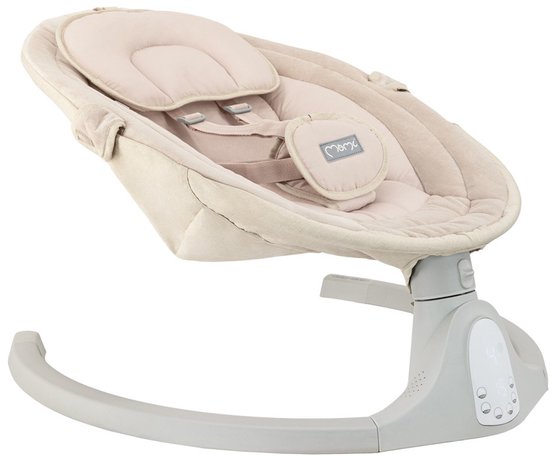 Zij-aanzicht van de beige babyschommel met verstelbare hoofdsteun, riemen en grijze basis.