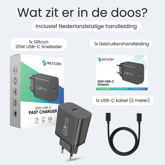 Adaptateur USB C Siltcon® 25 W - Chargeur rapide USB C - Chargeur USB C - Convient pour chargeur Samsung - Universel, entre autres Téléphones et Tablettes - Câble USB-C de 2 mètres inclus