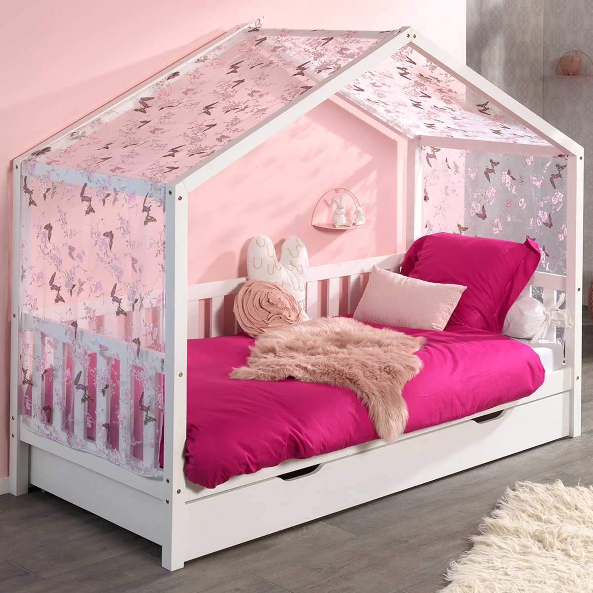 Vipack - Bedhuisje Dallas 2 met bedlade & voile met vlindermotief - 90x200 - Wit