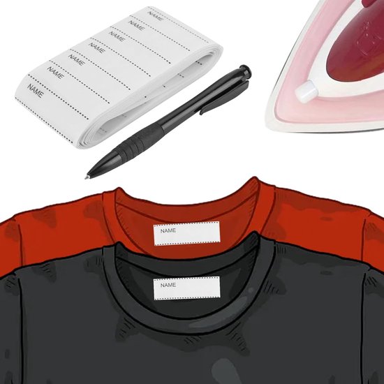 Een rol met naamlabels, een pen en een strijkijzer, bovenop een rode en zwarte t-shirt met naamlabels.