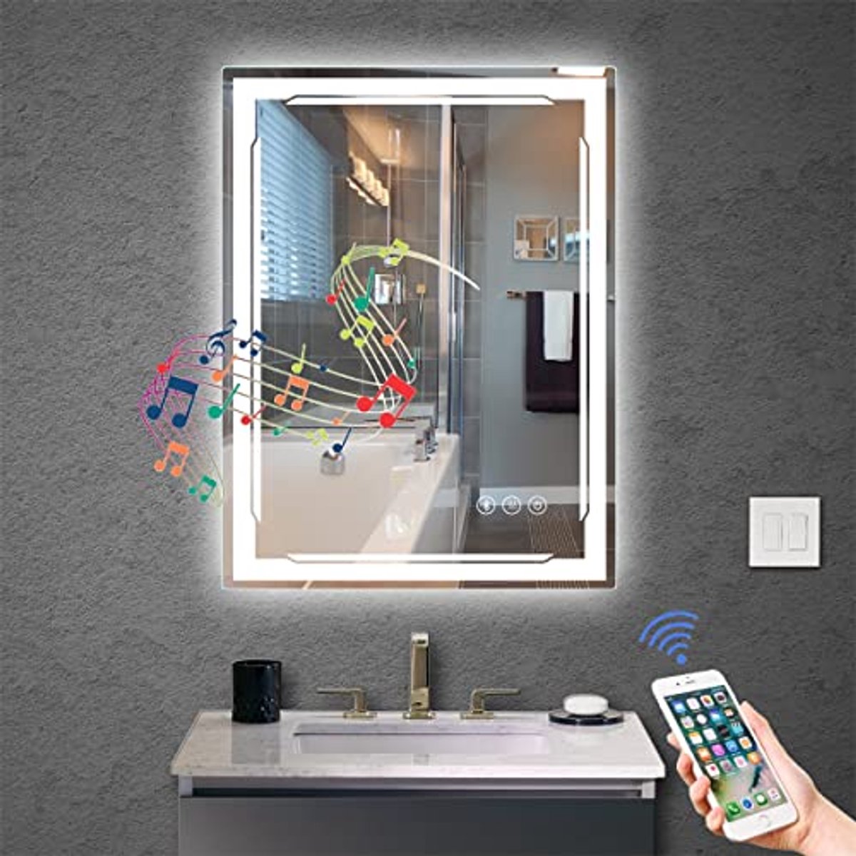 Verlichte badkamerspiegel met Bluetooth-luidspreker - Slimme LED make-up wandspiegel met 3 lichtinstellingen en anti-condens