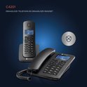 Zwarte Motorola C4201 draadloze telefoon en bedrade telefoon met headset.