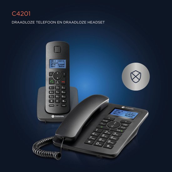 Zwarte Motorola C4201 draadloze telefoon en bedrade telefoon met headset.