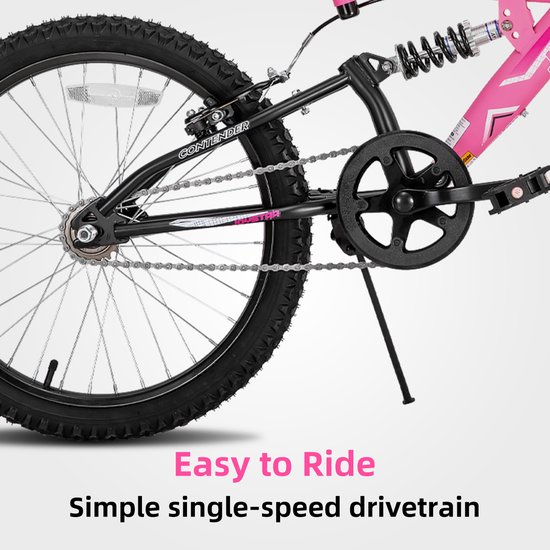 Joystar Contender Full Suspension Kinder Mountainbike - 20" - Handrem - Rem - Bel - Spatborden - Roze - Geschikt voor buitenactiviteiten in de lente van JOYSTAR — afbeelding 5