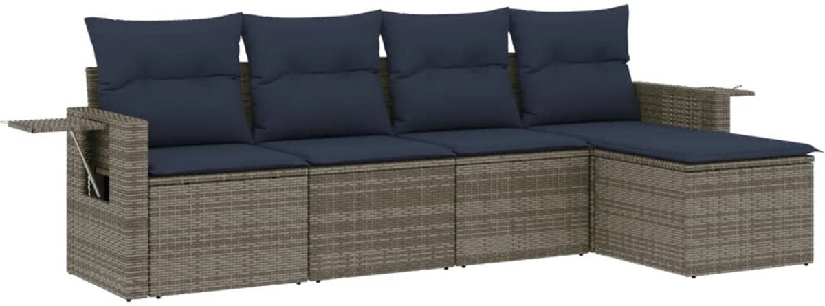 vidaXL - 5-delige - tuinbankset - met - kussens, - grijs - polyrotan