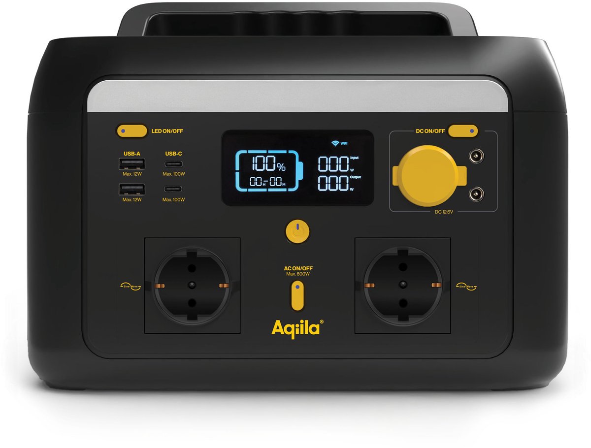 Aqiila Portable Powerstation 600W 512Wh LiFePO4 | Draagbare Generator, 9 Uitgangen 2x AC USB-C/A 12V | Mobiele stroomvoorziening voor Camping, Noodpakket | Power Station met LED-lamp, WiFi App