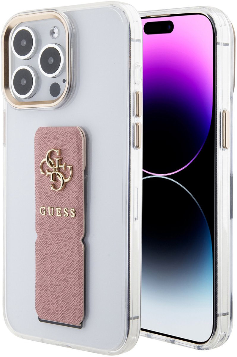 Guess Back Cover - Compatibel met iPhone 15 Pro - Roze - Saffiano Gripstand