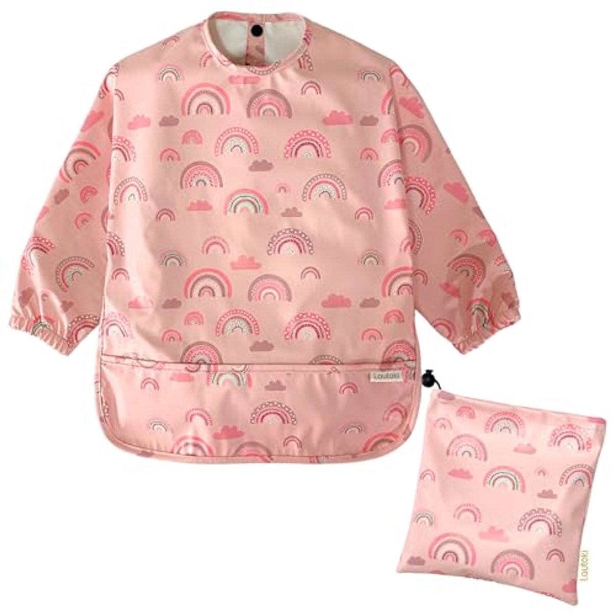 LAUTOKI® | Waterdichte Baby Slabbetjes + Draagtas | Maat 12-36M | Slabbetje met Mouwen Waterdicht | Kangoeroezak en Elastische Manchetten | Slabbetjes Baby (Arcoíris Rosa)