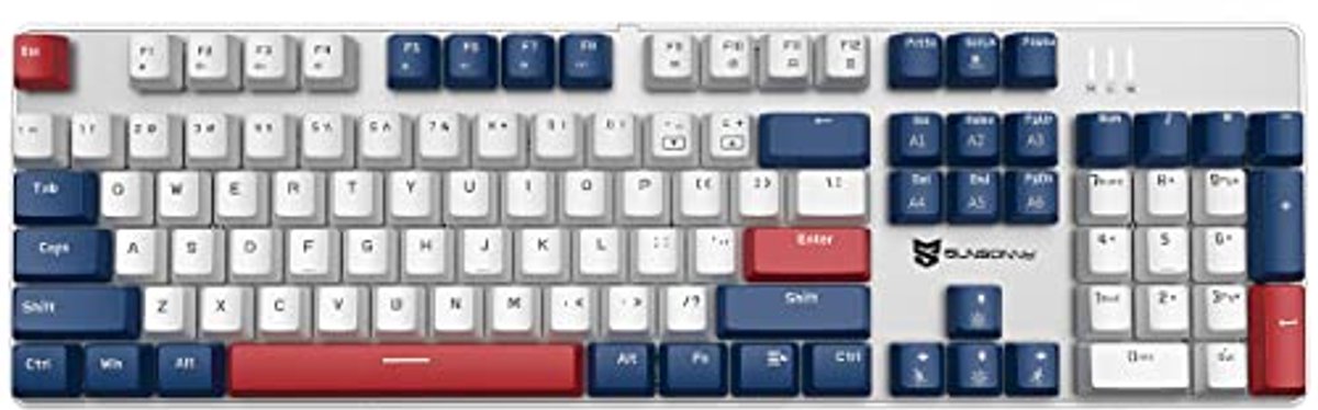 Qisan Mechanisch gaming-toetsenbord, bedraad toetsenbord, led-achtergrondverlichting, wit/blauw/rood, combo, 104 toetsen, Amerikaanse lay-out, gamingtoetsenbord met afneembare blauwe schakelaar