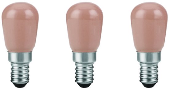 Drie roze LED lampen met E14 fitting, op een grijze achtergrond.