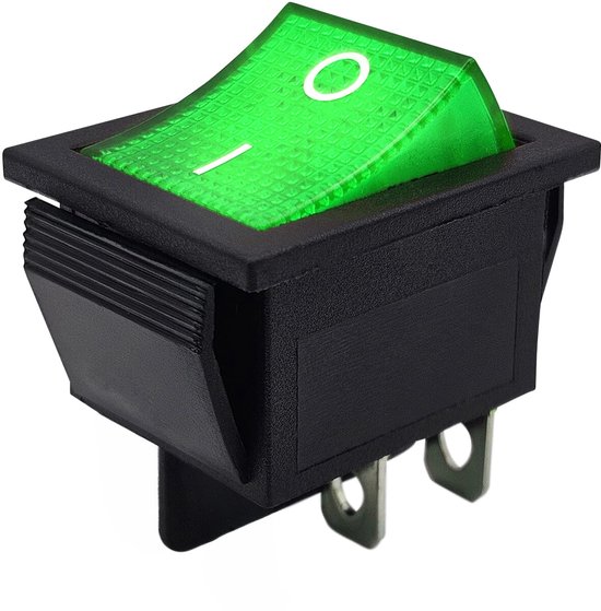 Groene wipschakelaar met controlelampje, '0' en '1' markering, in zwarte behuizing.