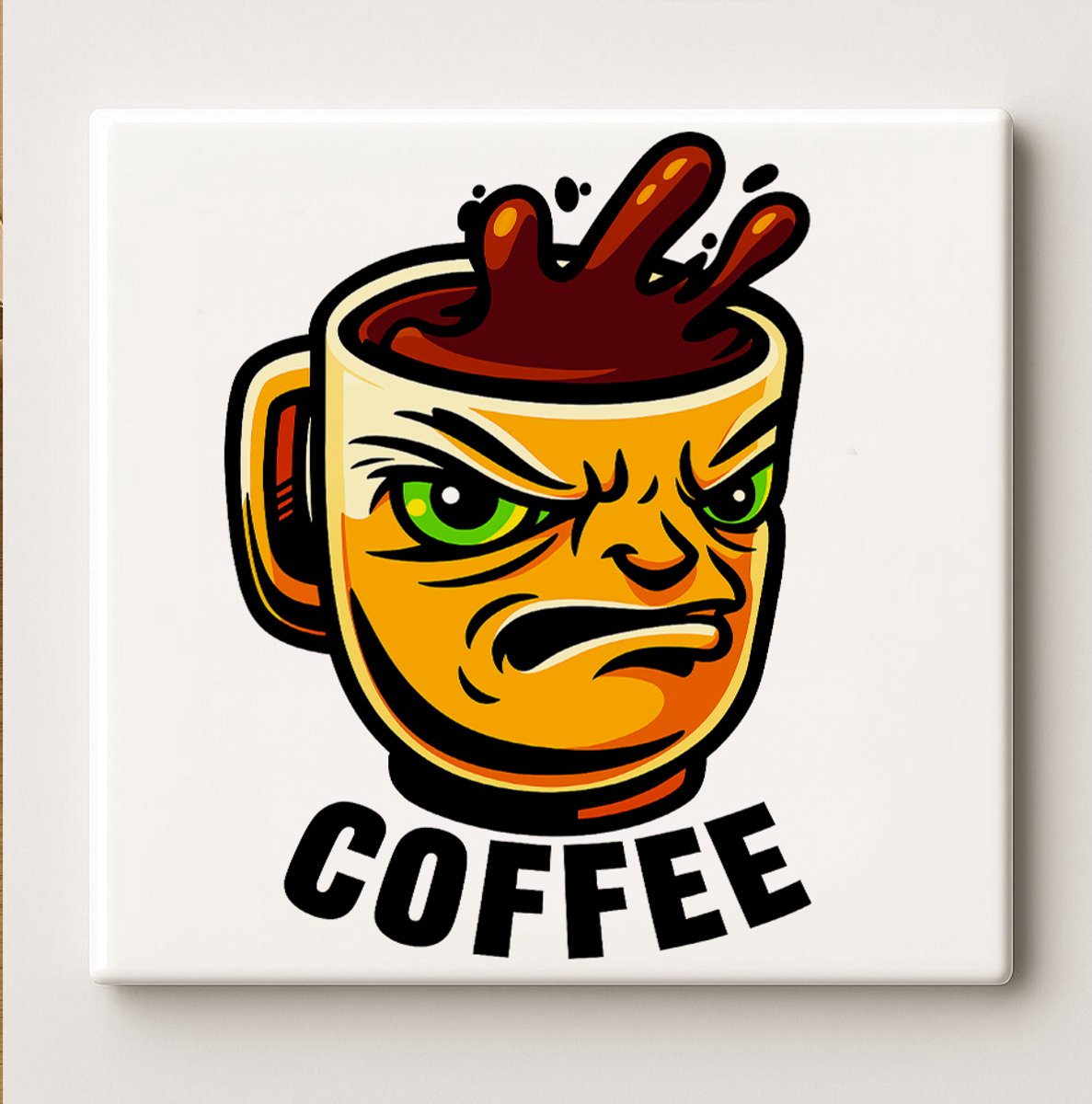Nevolis Grappige Boze Koffiekop Tegel 15x15cm – Humoristische Wanddecoratie voor Keuken, Kantoor of Koffiehoek Multi Color
