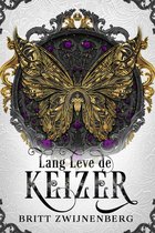 Gouden vlinder met zwarte details op een decoratieve achtergrond met paarse bloemetjes. De tekst 'Lang leve de keizer' staat onderaan.
