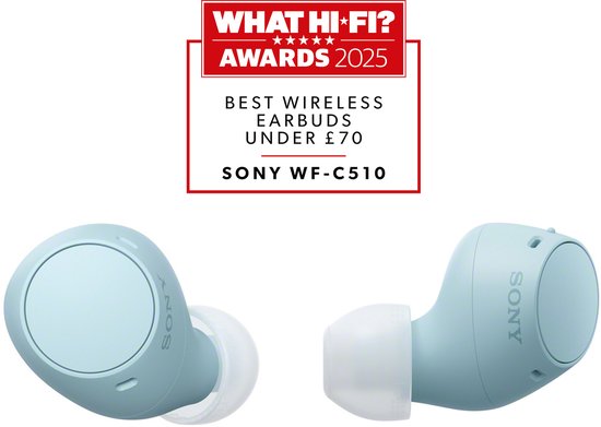 Twee lichtblauwe Sony oordopjes met "WHAT HI-FI? AWARDS 2025" badge.