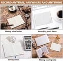 Vier afbeeldingen: notitieboekje voor reisnotities met kompas, notitieboekje voor taken met pen en koffie, notitieboekje voor berekeningen met calculator, notitieboekje voor leesnotities met boek.