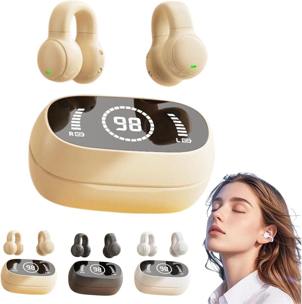 Oorclip-koptelefoon - Draadloze oorclip-koptelefoon met botgeleiding, V5.2 met intelligent LED-display, slimme Bluetooth-koptelefoon met vingerafdruksensor voor hardlopen, fietsen en workouts (beige)