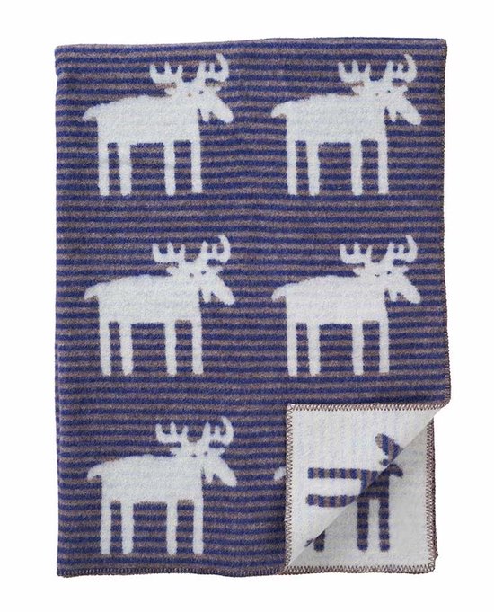 Klippan wollen deken Elanden blauw-bruin gestreept met witte elanden 180x130cm