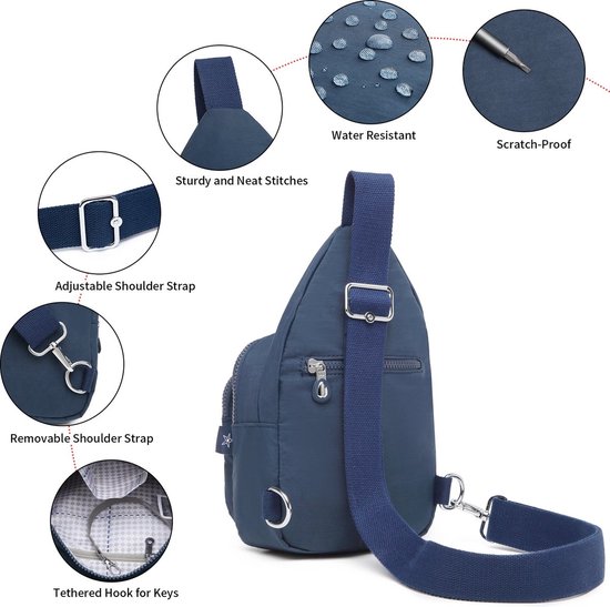 Donkerblauwe sling bag met waterafstotende stof, stevige stiksels en verstelbare band.