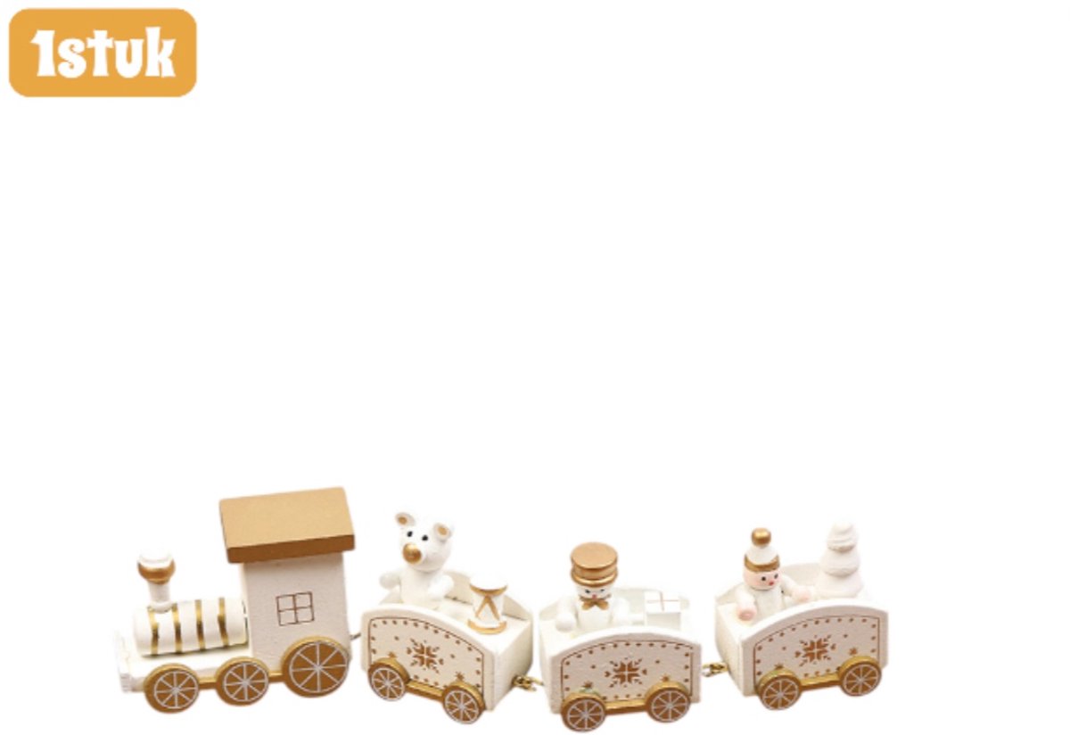 Houten miniatuur kersttrein ornament in witte stijl E, ideaal als feestelijke tafeldecoratie en kerstcadeau.