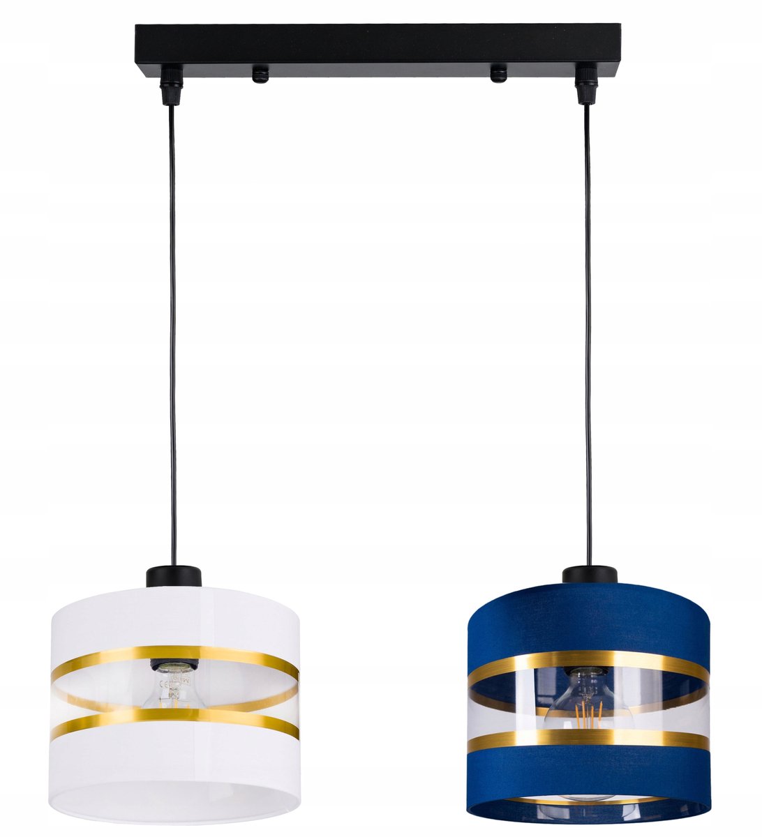 Hanglamp met Stoffen Kap, 2x E27 Fitting, Goudkleurige Streep