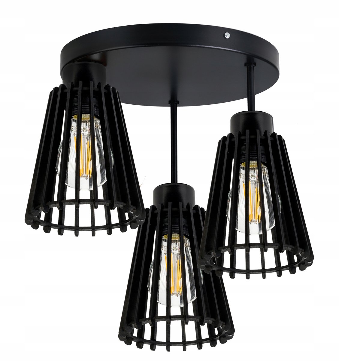 Zwarte Plafondlamp met Houten Piramide Kappen - 3xE27