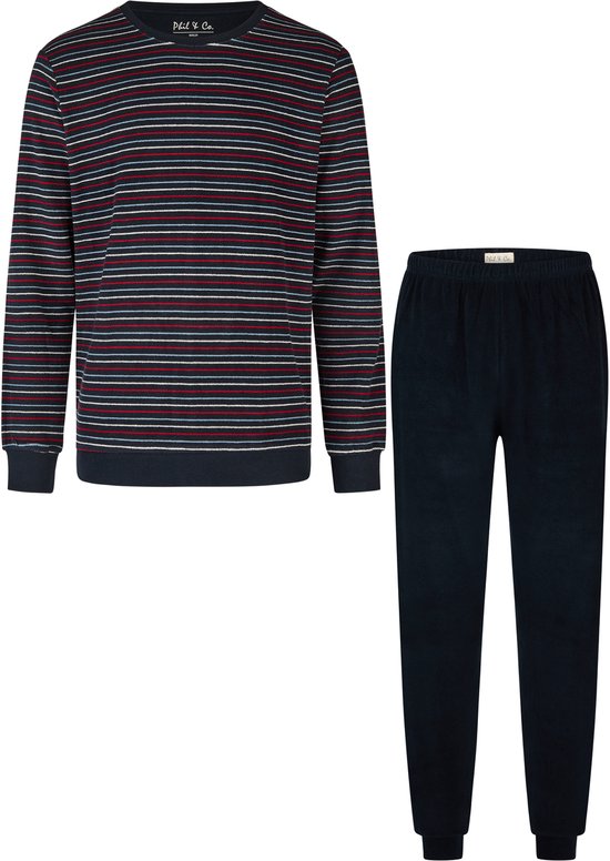Phil & Co Heren Winter Pyjama Set Lang Badstof Donkerblauw Gestreept - Maat L
