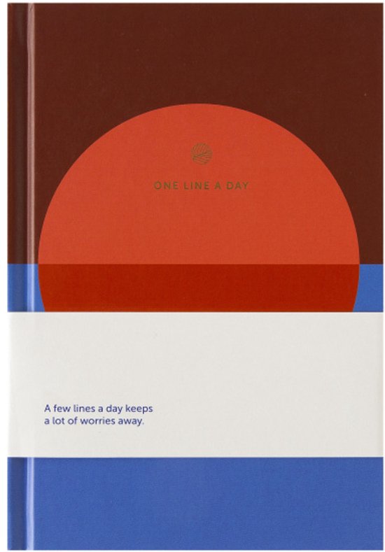 Een dagboek met bruine, rode, witte en blauwe banen. Met de tekst 'ONE LINE A DAY' en 'A few lines a day keeps a lot of worries away'.