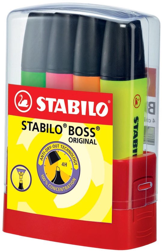 Set van 4 STABILO BOSS originel markers in transparante verpakking met rode houder.