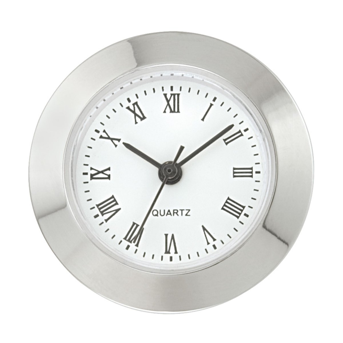 Mini insert uurwerk import trommel Ø 24mm, lunette Ø 25,2mm verchroomd, wijzerplaat wit-antiek, Romeinse cijfers