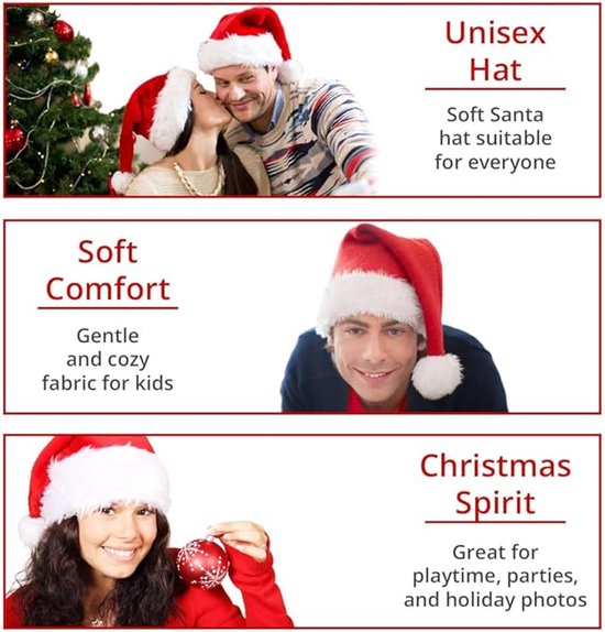 Bonnet de Père Noël en peluche – Bonnet de Père Noël rouge et Witte pour fête de Noël, déguisement et tenue de soirée