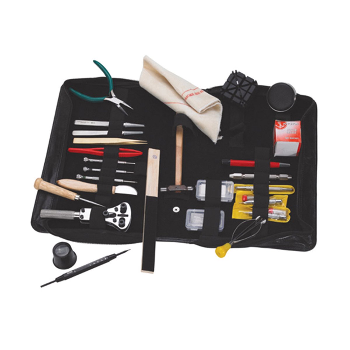 Horlogegereedschap van Selva - 25-delige professionele gereedschapsset in leren etui met alles wat een horlogemaker nodig heeft om batterijen of horlogebandjes te vervangen.