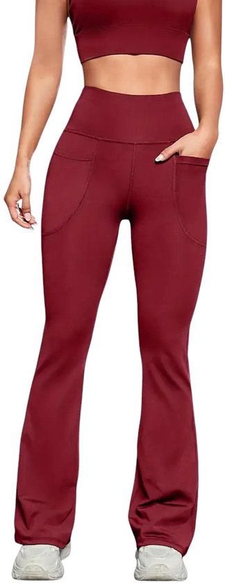 Foto: Lume flare dames legging sportbroek met 2 handige zakken stijlvol comfortabel functioneel high waist pocket legging flared pants uitlopende broek met zakken rood maat m
