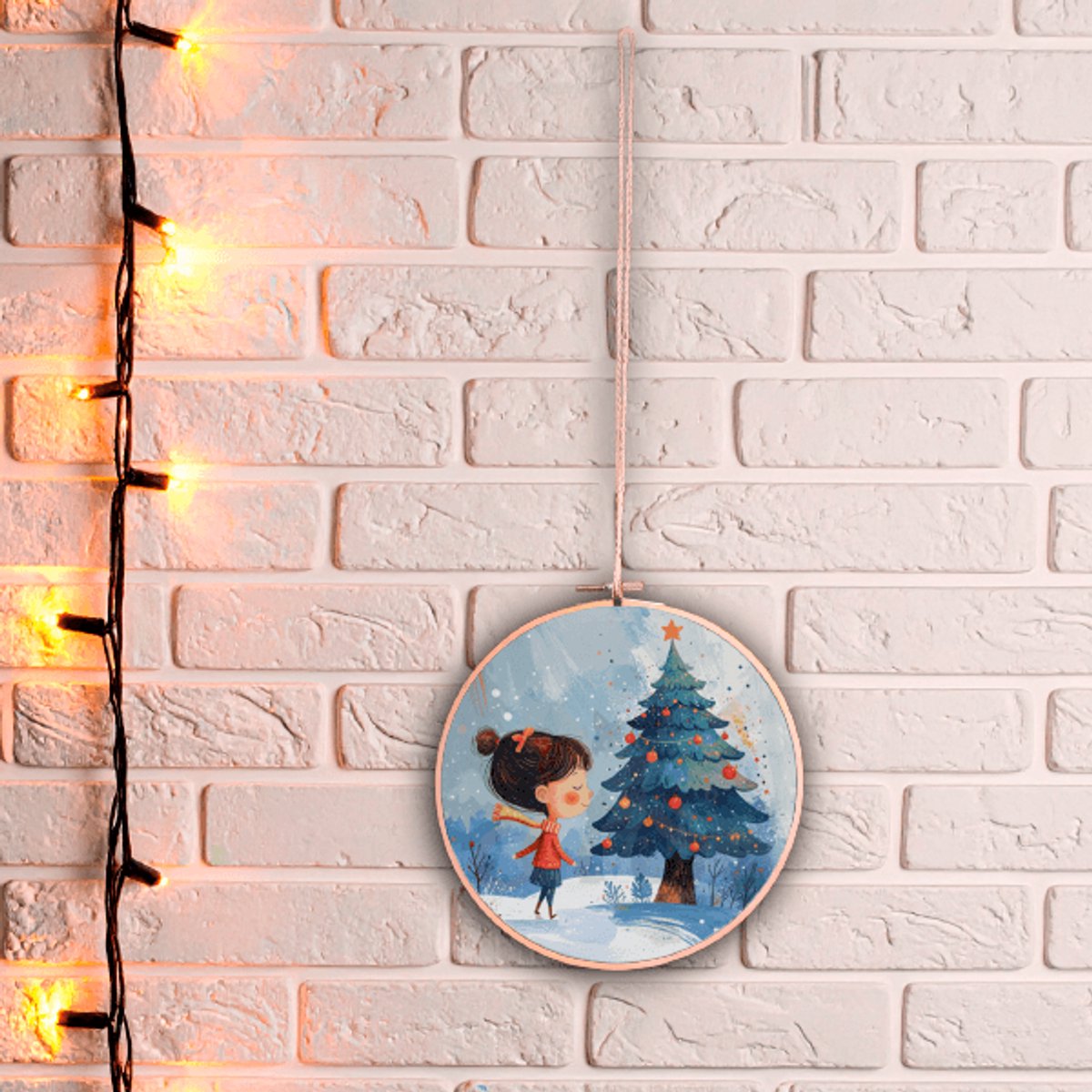 Ideasonthefloor.com - Kerstwandhanger - Meisje Bij Kerstboom - ∅ 20cm - Kerstillustratie