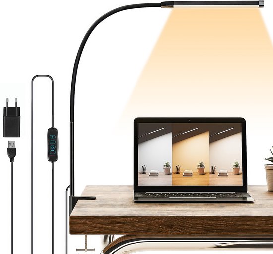 Foto: Yono bureaulamp met klem led bureau lamp flexibel verstelbaar verlichting dimbaar klemlamp bedlamp zwart