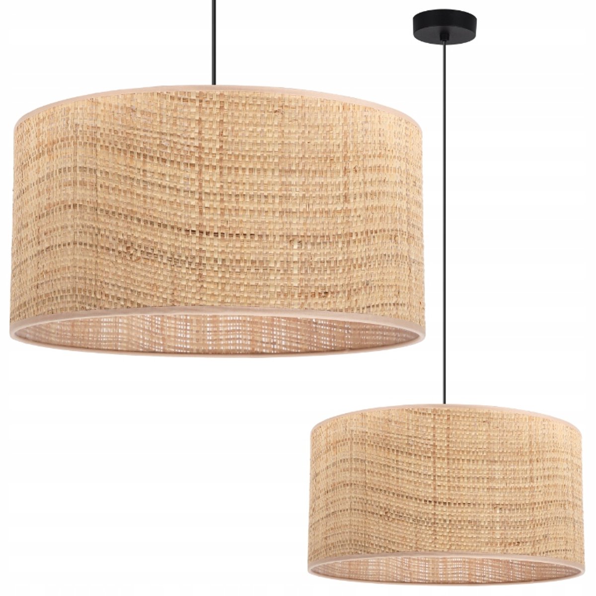 Boho Rotan Hanglamp - Grote Beige Kap - Zwart Frame - 40cm