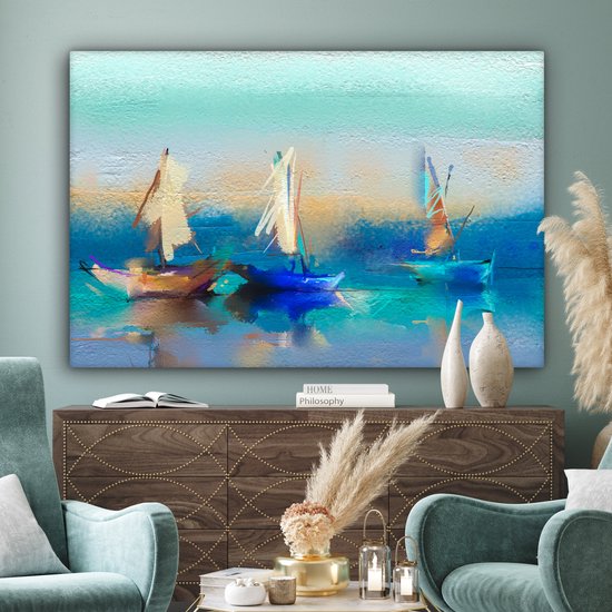 Canvas schilderij 180x120 cm - Wanddecoratie Schilderij - Olieverf - Boot - Abstract - Muurdecoratie woonkamer - Slaapkamer decoratie - Kamer accessoires - Schilderijen op canvas