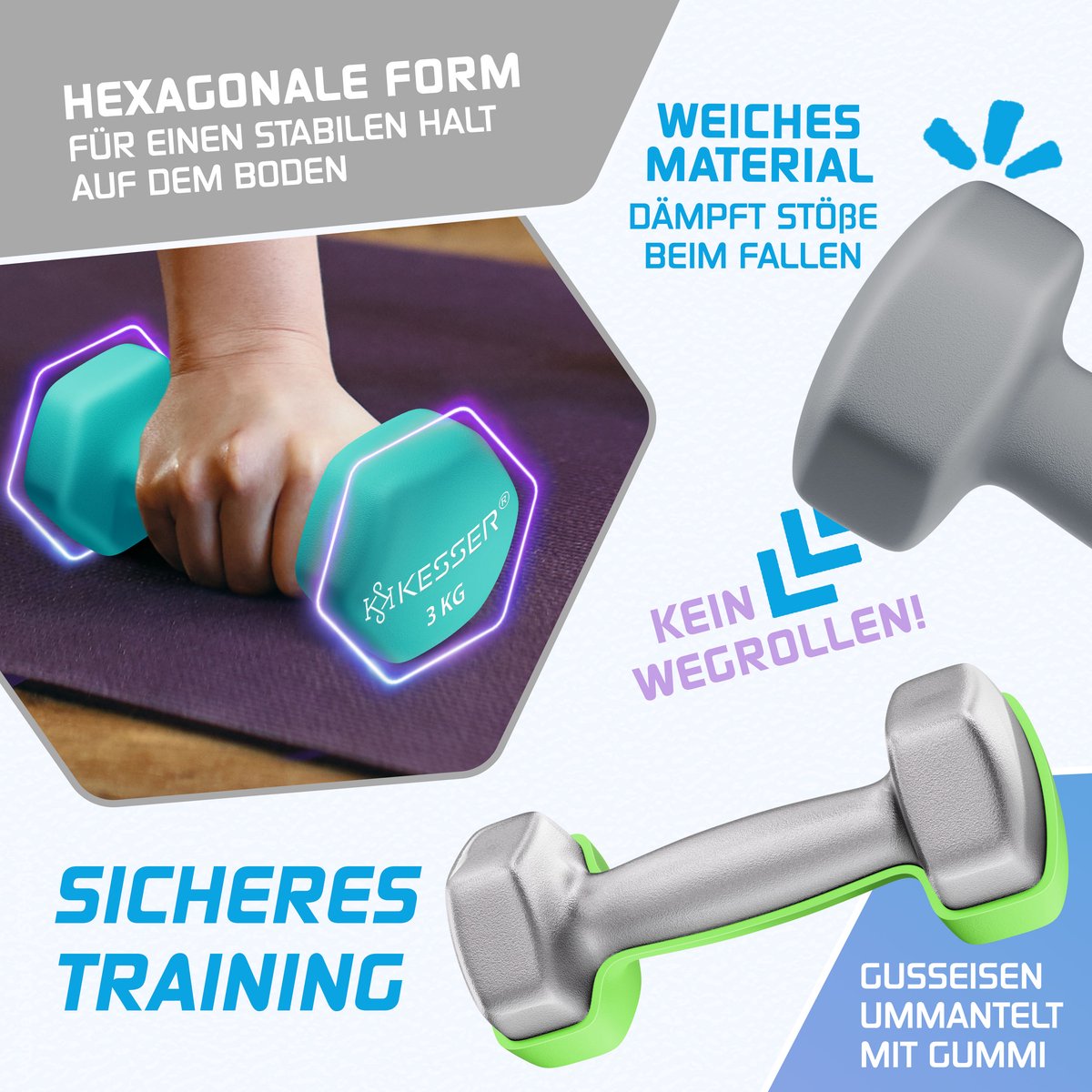 KESSER® Dumbells Set 3 Paren (2x 1, 2 & 5kg) = 18 kg totaal | 6x Dumbbells verstelbaar Geschikt voor Fitness Zumba & Aerobics | Halters Gewichten Set met Standaard | Halterset met oefeningenboekje, 2x fitnessbanden – foto 4