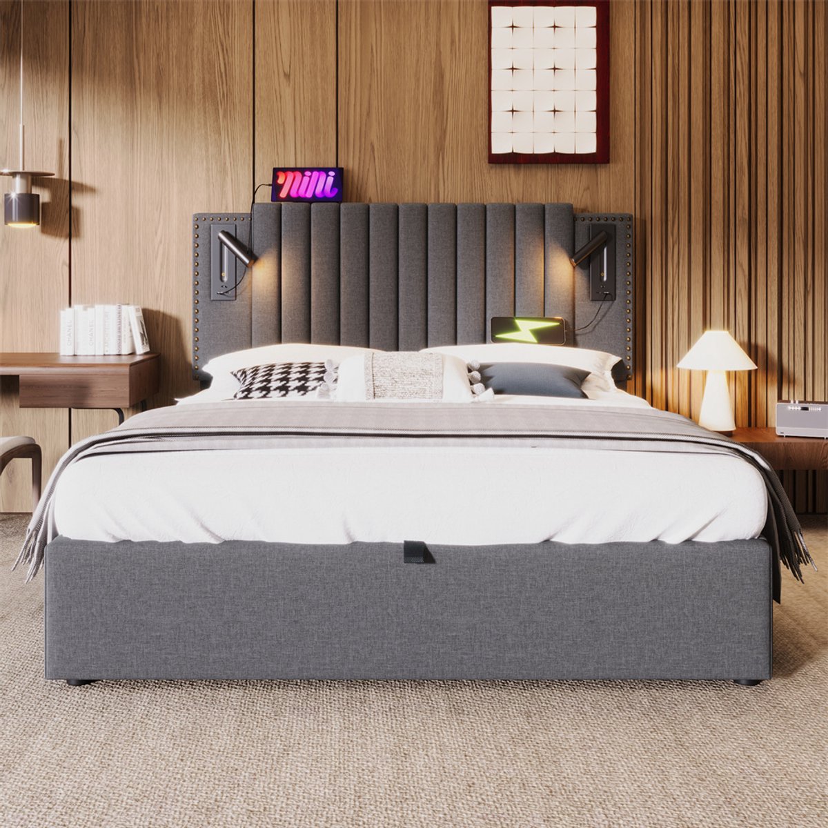 YEHTOKHOME Gestoffeerd bed 180x200 cm tweepersoonsbed met leeslampje - hydraulisch opbergruimte - USB-C Aansluiting - verstelbaar hoofdeinde - klinknagelontwerp - lattenbodem - katoen - grijs (zonder matras)