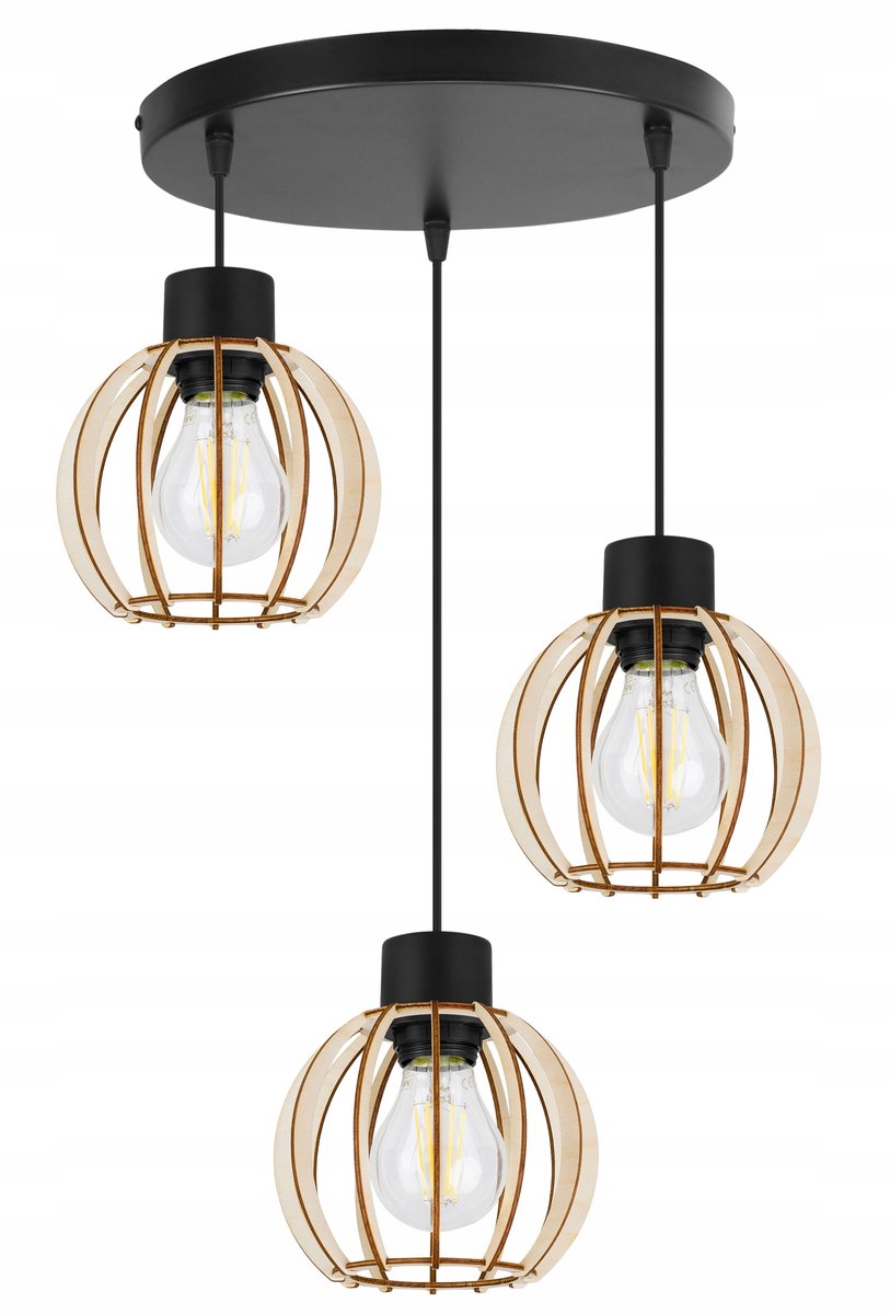 Hanglamp TIMBER 3-lichts E27 Zwart Hout Boho LED